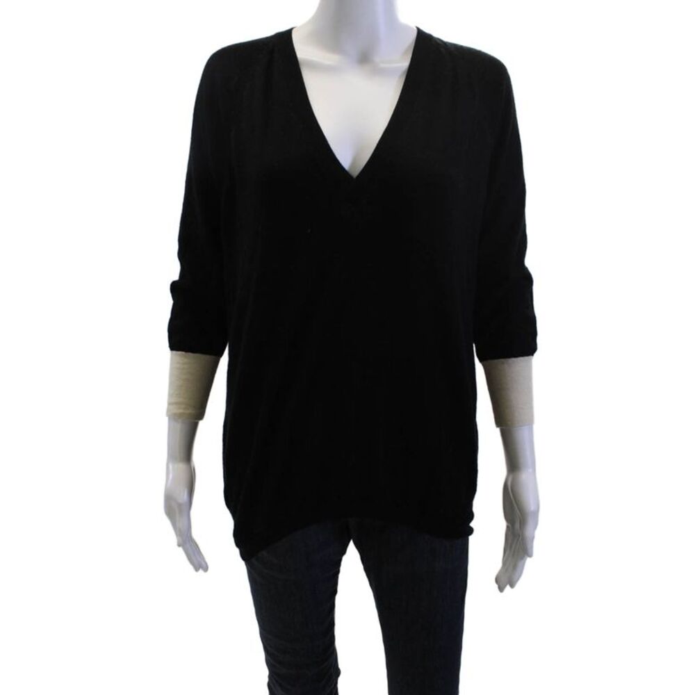 Duffy Unisex Pullover V-Neck Black 90% Wool 10% Cashmere 3/4 Sleeve Size M